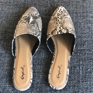 Faux snakeskin mules